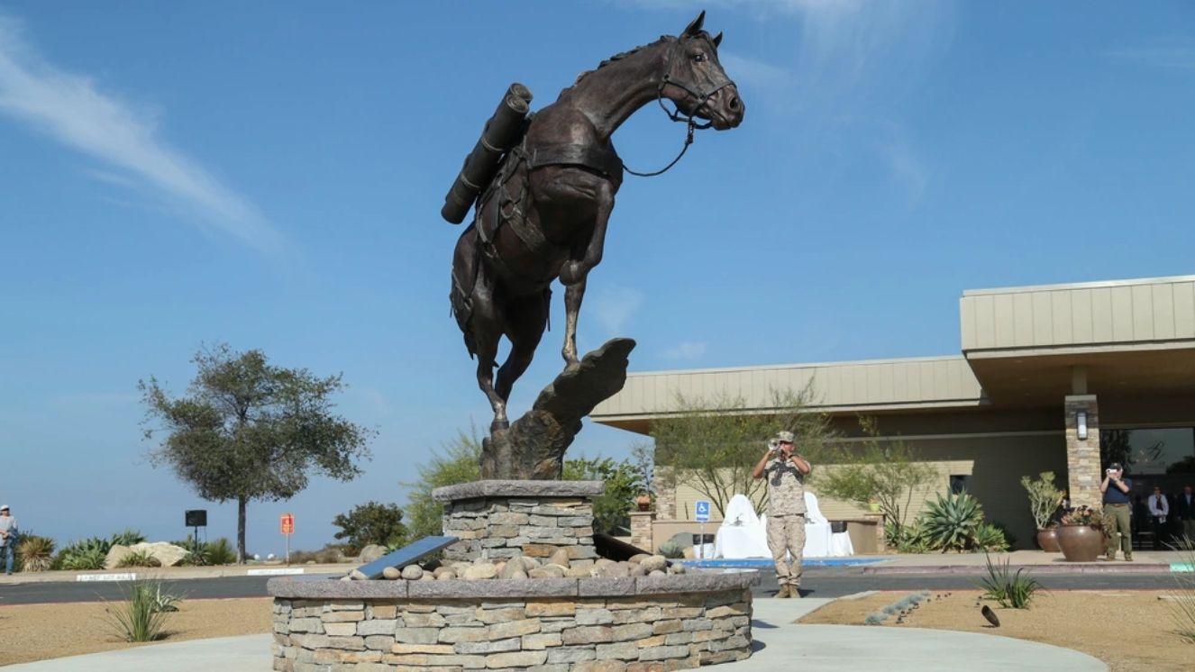 A bugler with U.S Marine Corps 1st Marine Division band plays taps during the Staff Sgt. Reckless monument dedication ceremony on Camp Pendleton, Calif., Oct. 26, 2016. (U.S. Marine Corps photo by Lance Cpl. Brooke Woods) 