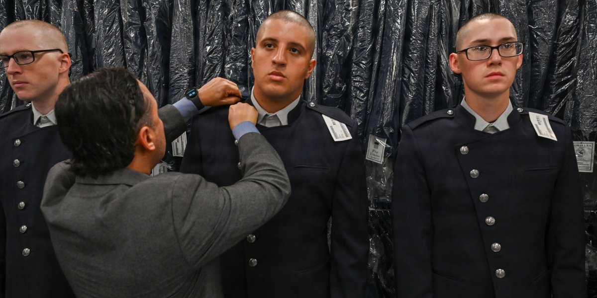U.S. Space Force trainees receive their initial issue of the new USSF Service Dress uniform during a fitting at clothing issue at Joint Base San Antonio-Lackland, Texas, Nov. 19, 2025.