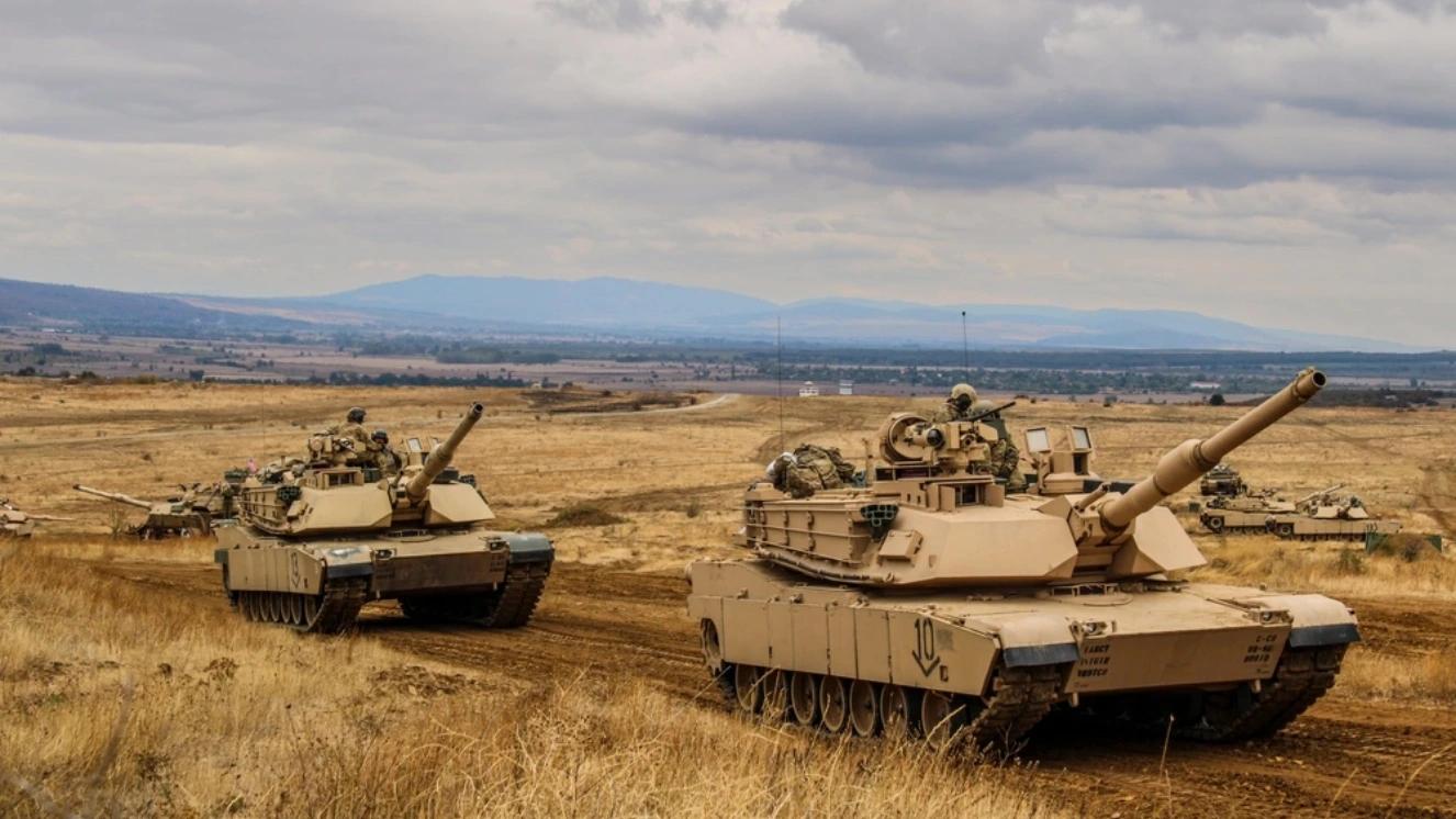 M1A2 Abrams tanks from 1-16 Infantry, 1st Armored Brigade Combat Team, 1st Infantry Division maneuver prior to Table IV gunnery at Novo Selo Training Area, Bulgaria Sept. 29, 2025.