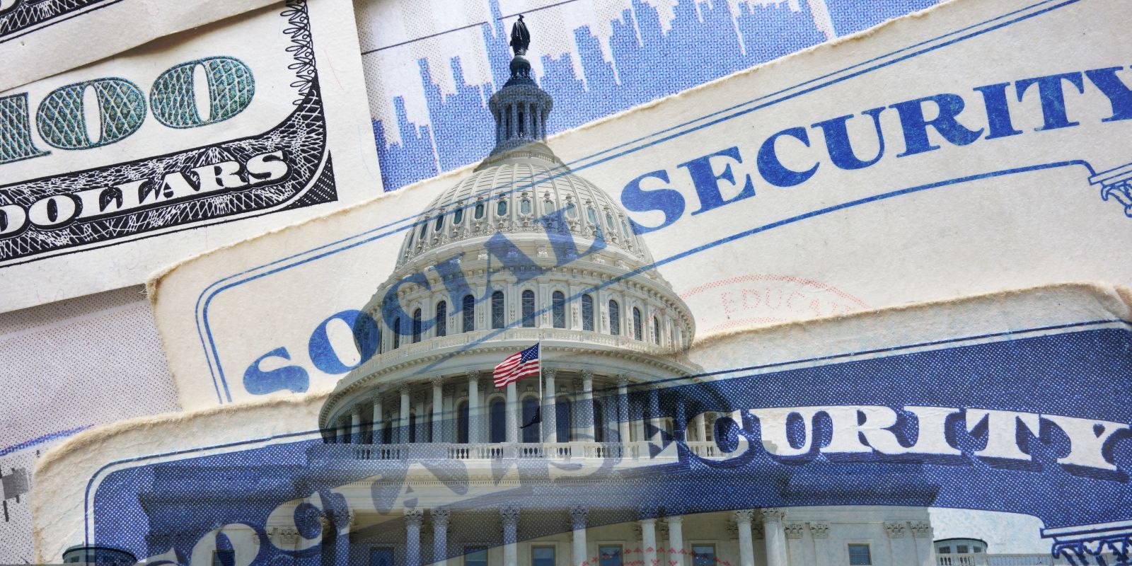 United States capitol in Washington DC with a Social Security card and money.