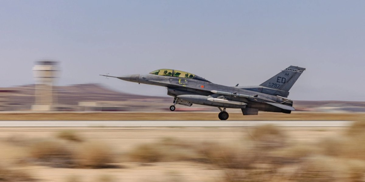 A U.S. Air Force F-16 Fighting Falcon assigned to the 416th Flight Test Squadron, 412th Test Wing departs from Edwards Air Force Base, California.