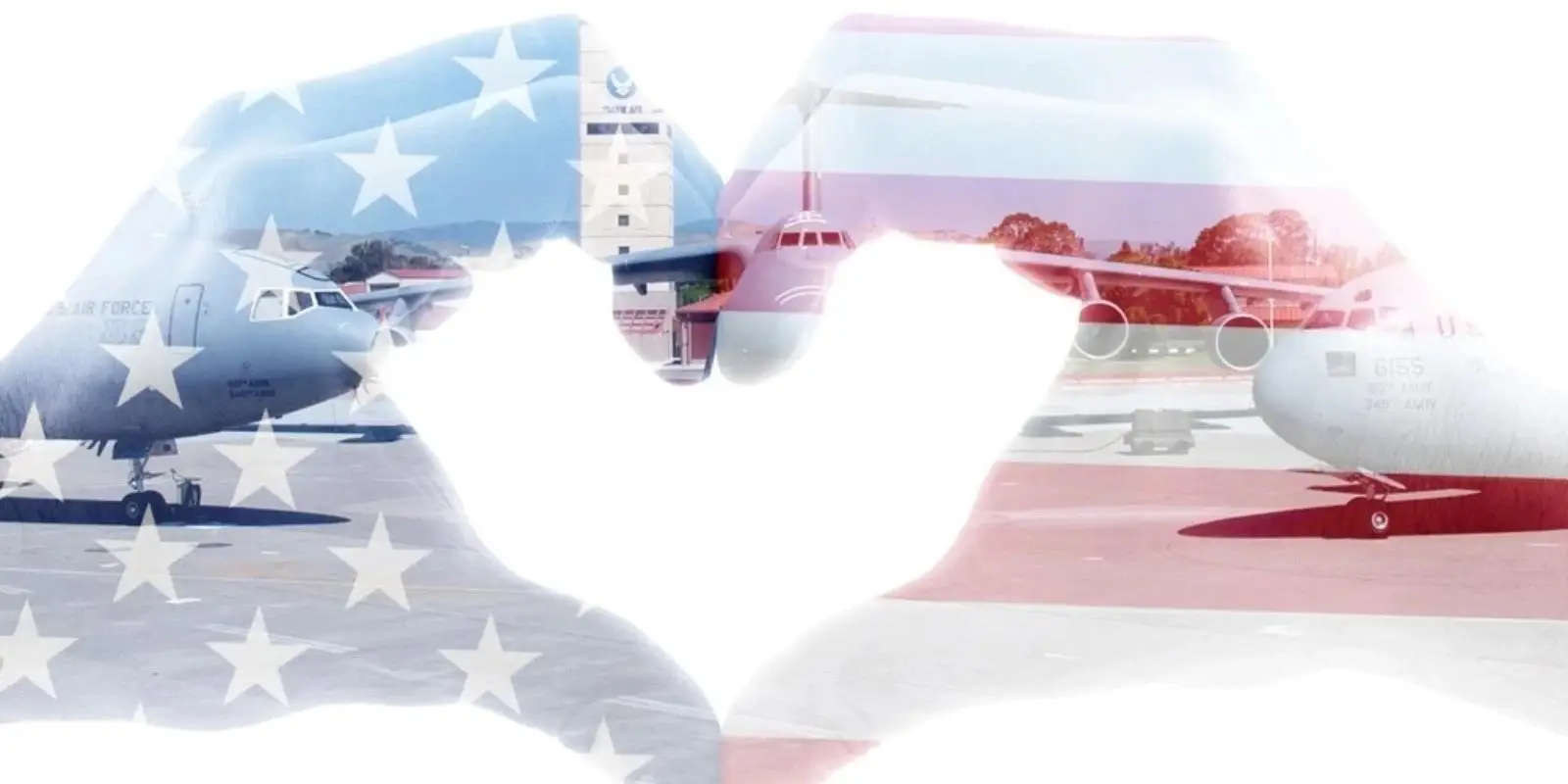 Heart hands with an American flag background.