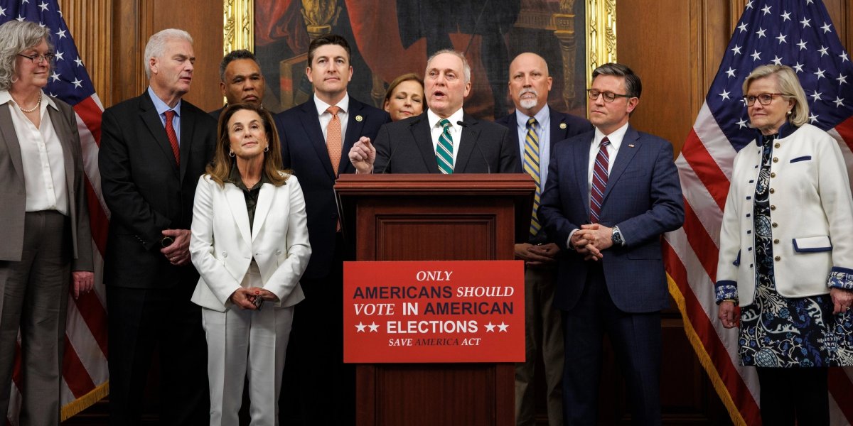 A group of Congressmen stand behind a podium announce the the SAVE Act.