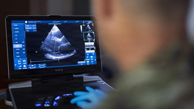 An ultrasound image is displayed during an echocardiogram with U.S. Air Force Col. Ronald Jones, cardiologist, at Owen King European Union hospital in Castries, Saint Lucia, April 29, 2026. 