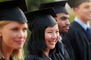Four College graduates stand in caps and gowns.