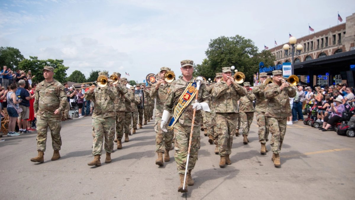 Members of the 34th Army Band march in the Veterans Day Parade at the Iowa State Fair.