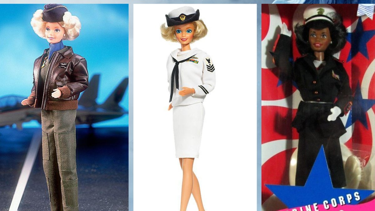 Trio of military Barbie dolls in a collage.