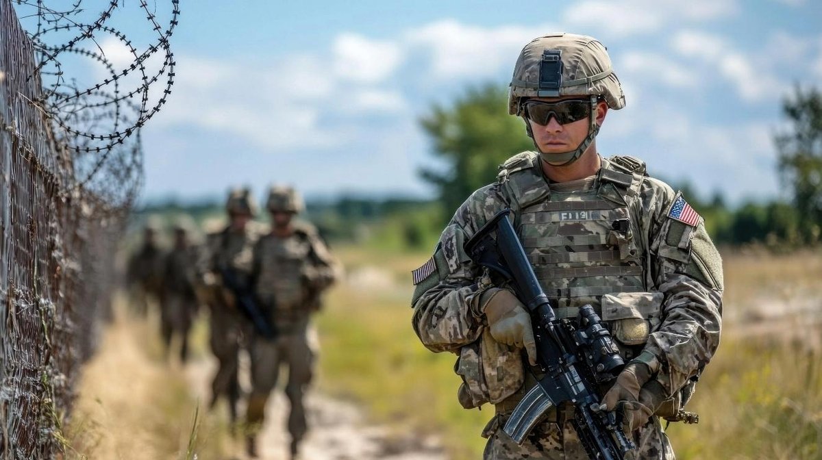 Army soldiers patrolling along barbed wire fence in rural area