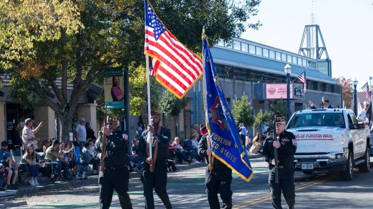 Veterans marching in parade with American and Veterans of Foreign Wars flags on city street