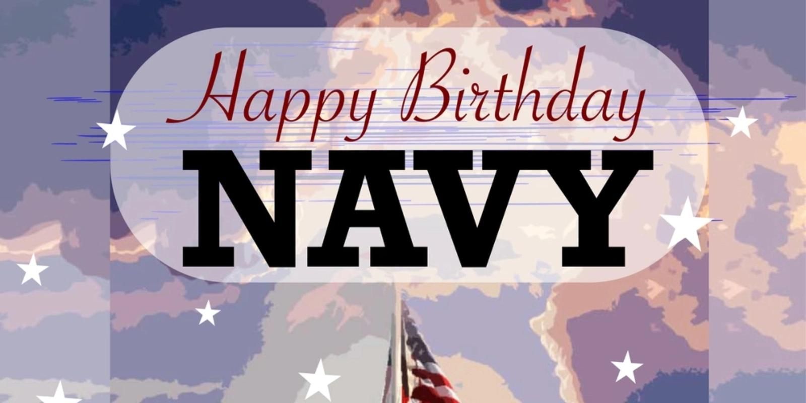 American flag below 'Happy Birthday Navy' text with cloudy sky background