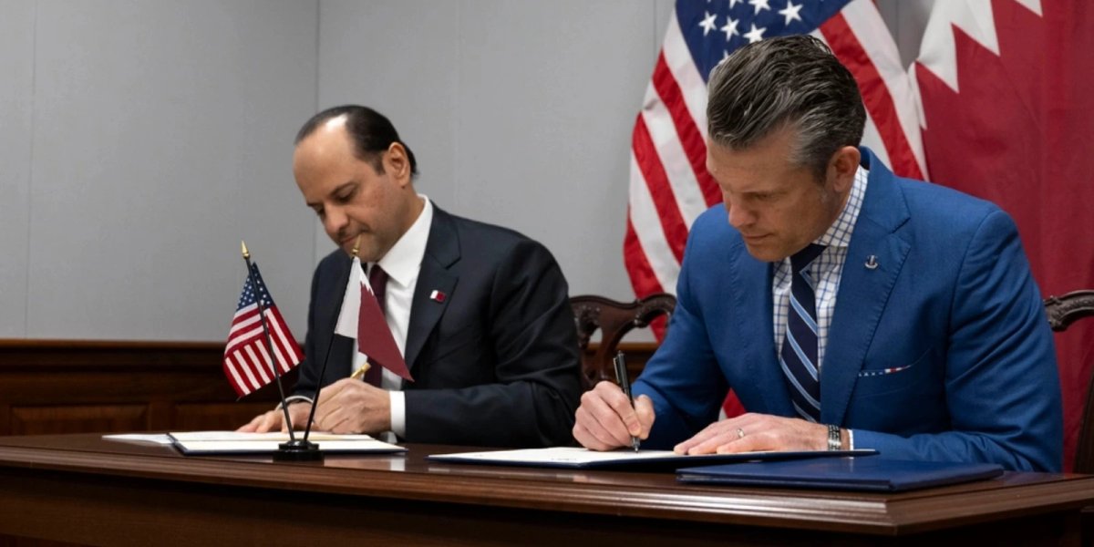 Secretary of War Pete Hegseth and Qatari Minister of Defense Saoud bin Abdulrahman Al Thani sign a memorandum prior to a bilateral exchange at the Pentagon, Washington, D.C., Oct. 10, 2025. (DoW photo by U.S. Air Force Staff Sgt. Madelyn Keech)