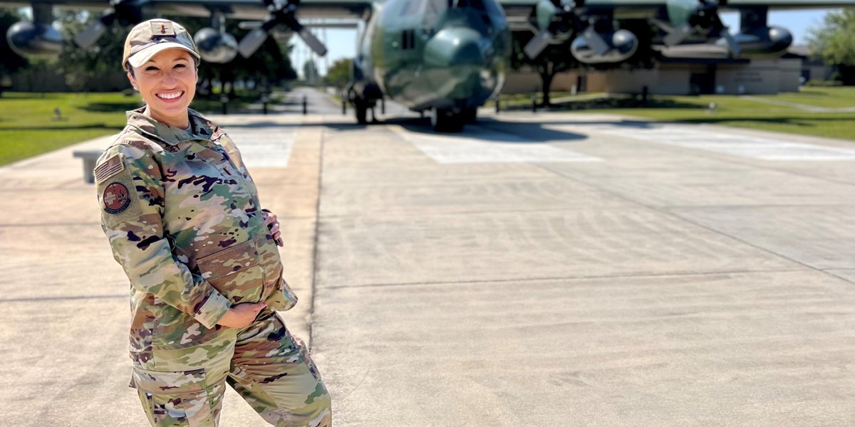 U.S. Air Force 1st Lt. Claudia Hinchey, 9th Medical Group resource management and commander’s support staff flight commander, poses for a picture while pregnant with her third child when she was stationed at Moody Air Force Base, Georgia, May 2023.