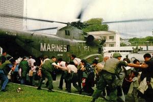 Military helicopter evacuation out of Saigon, 1975.