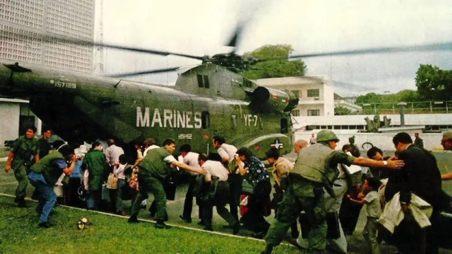 Military helicopter evacuation out of Saigon, 1975.