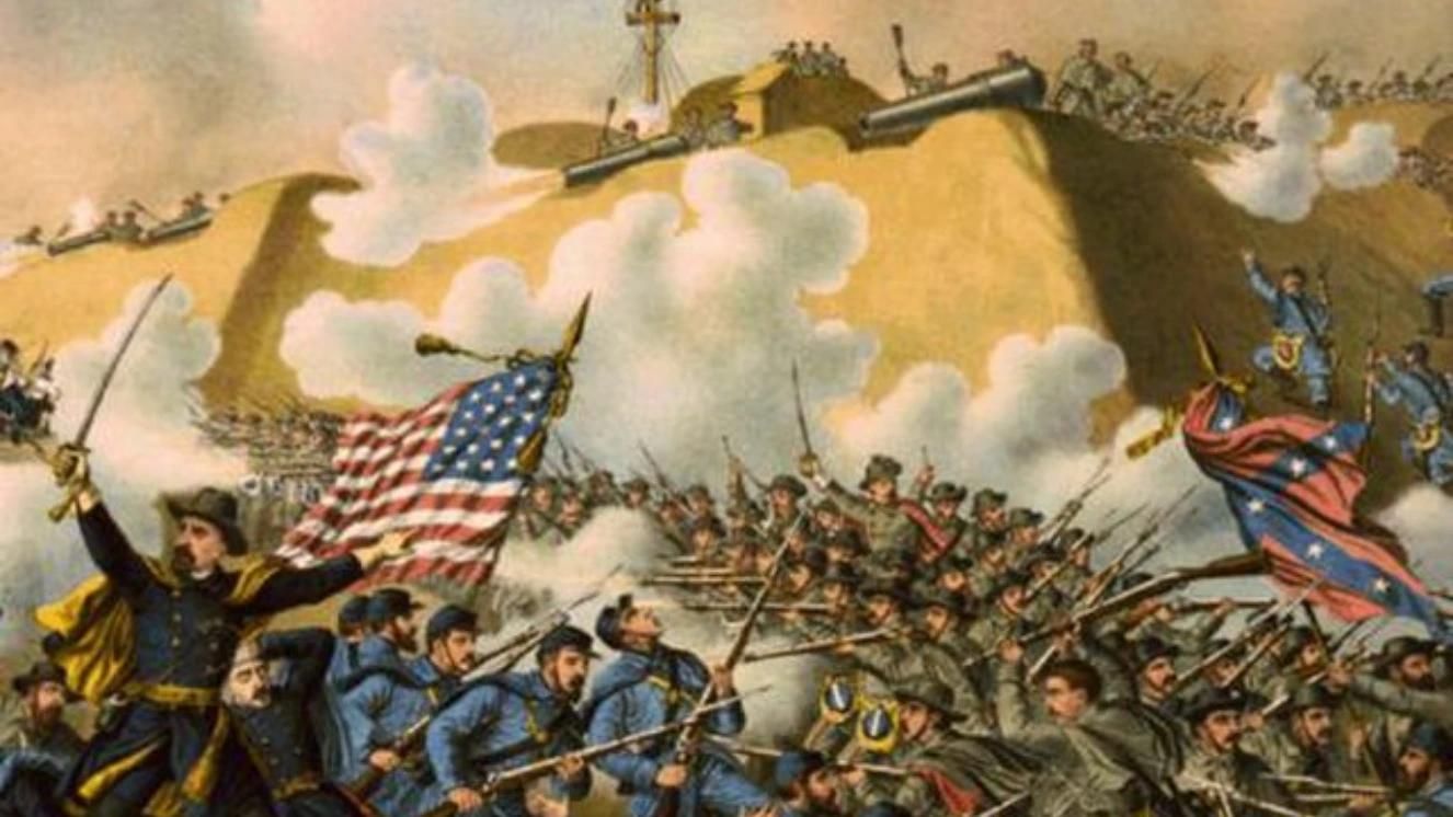Union and Confederate soldiers clashing in a Civil War battle with flags and smoke.
