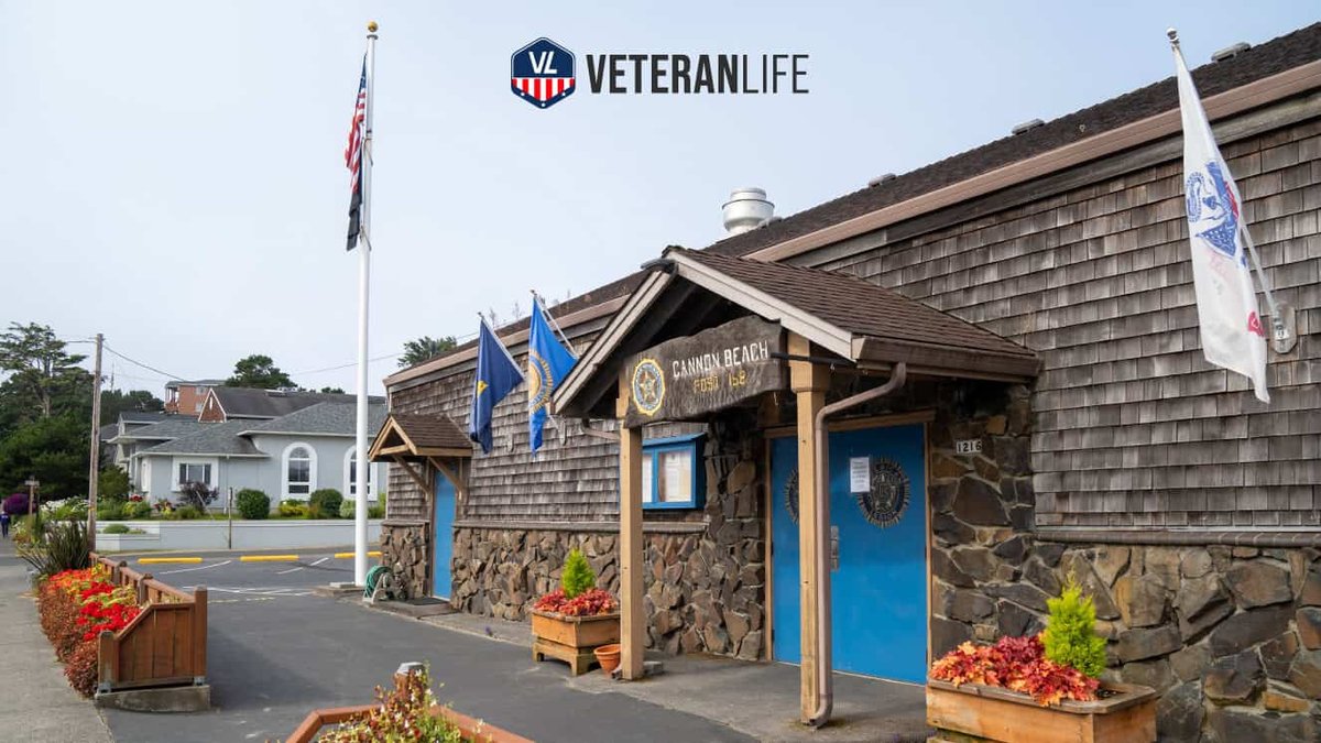 VFW post entrance with flags and signage in a suburban neighborhood