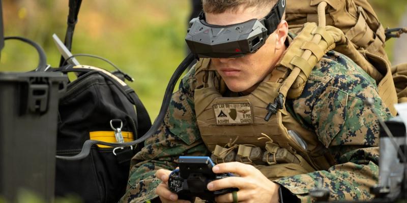 U.S. Marine Corps Lance Cpl. Corey Ashby, a small unmanned aircraft system operator with 3rd Light Armored Reconnaissance Battalion, 1st Marine Division, pilots a first-person view sUAS during a live fire demonstration rehearsal at Marine Corps Base Camp Pendleton, California, Jan. 28, 2026.