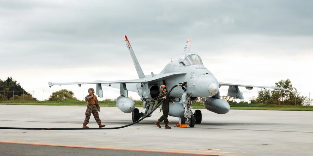 U.S. Marines with Marine Wing Support Squadron 171 and Marine Fighter Attack Squadron (VMFA) 232, Marine Aircraft Group 12, 1st Marine Aircraft Wing, refuel an F/A-18C aircraft at Kunsan Air Base, South Korea.