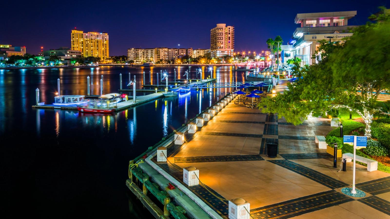 Tampa Riverwalk at night.