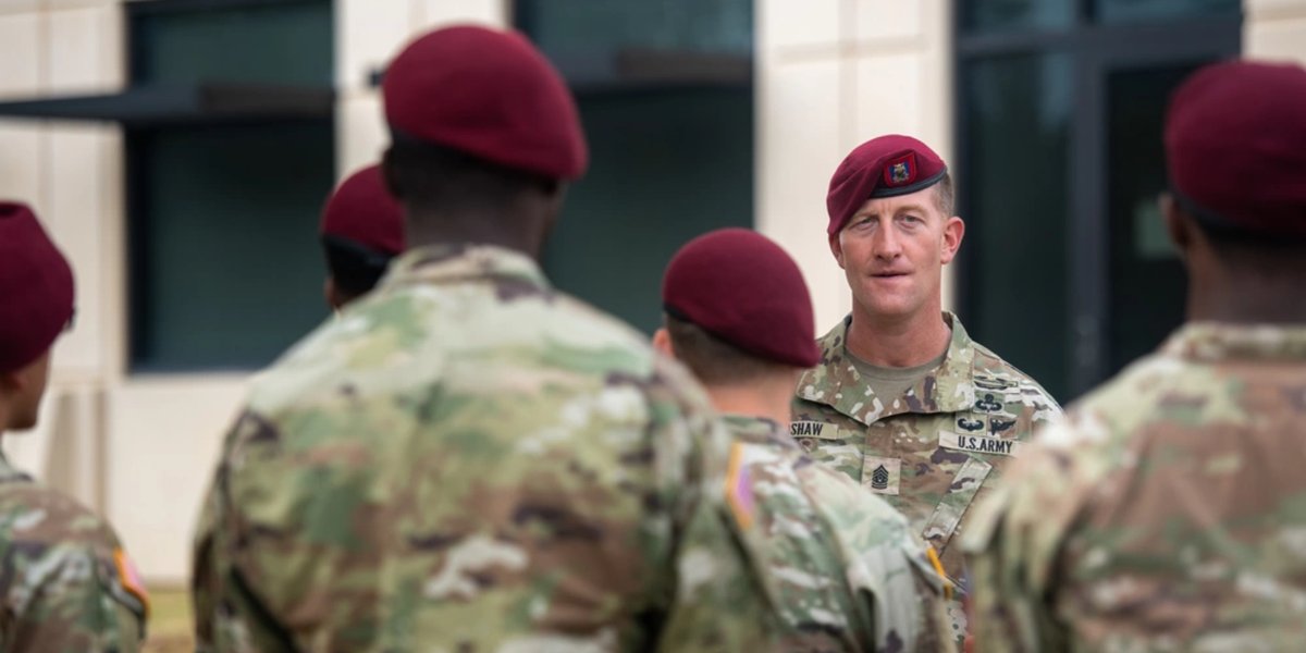 U.S. Army Command Sgt. Maj. James Bradshaw, command sergeant major for 1st Brigade Combat Team (BCT), 82nd Airborne Division, welcomes new paratroopers after a division beret donning ceremony at Fort Liberty, North Carolina. (US Army Photo by Master Sgt. Ashley Huiras)