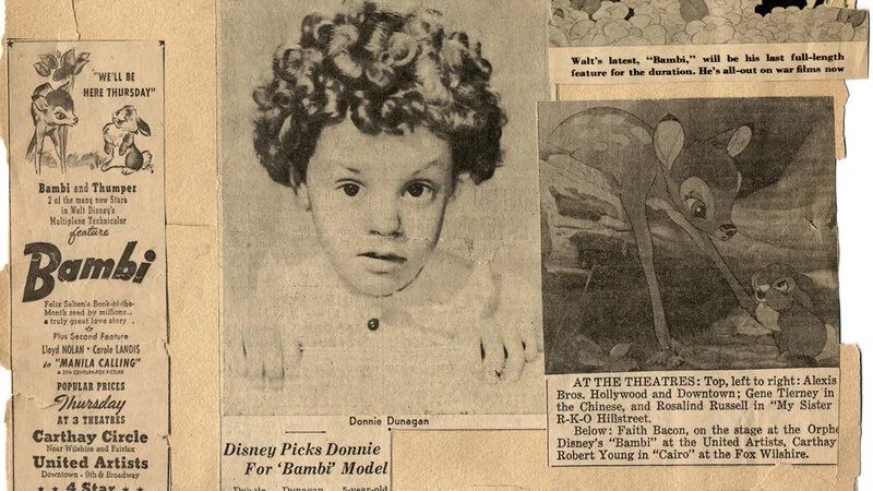 Newspaper clippings of young Donnie Dunagan from the early '40s.