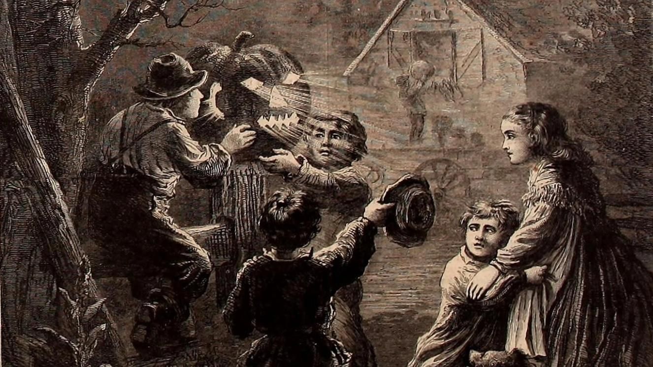 Children in costumes playing near a barn during a Civil War-era Halloween celebration.
