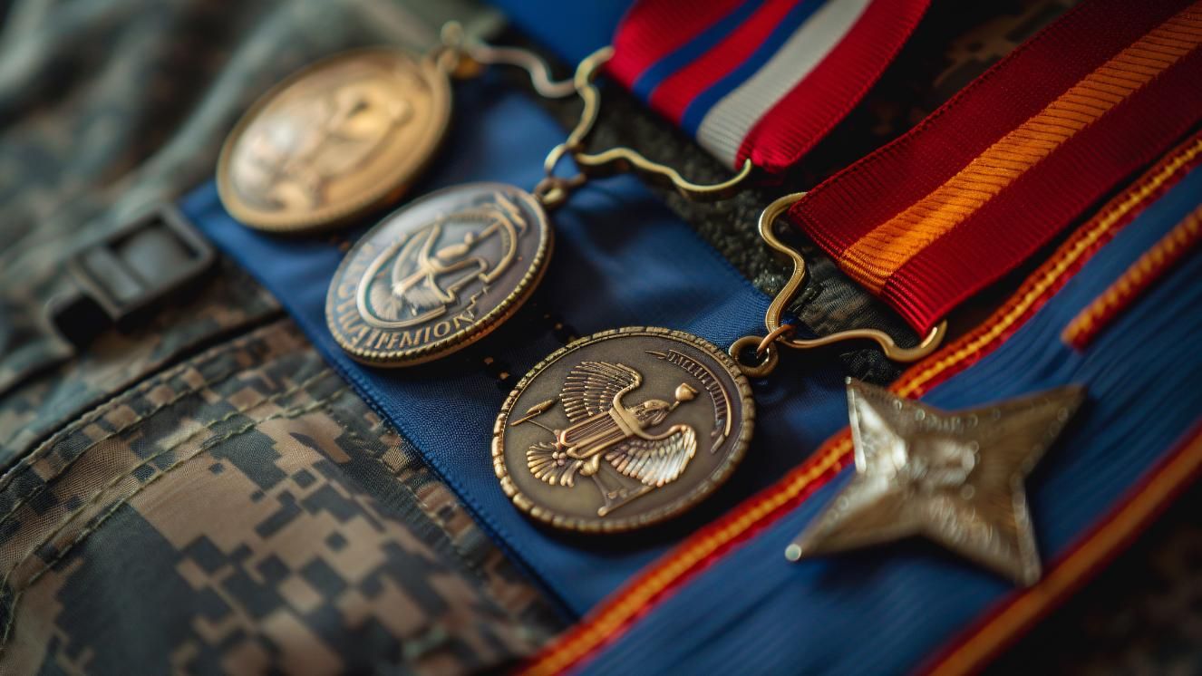 Military medals and ribbons on camouflage uniform, highlighting decorated U.S. soldiers