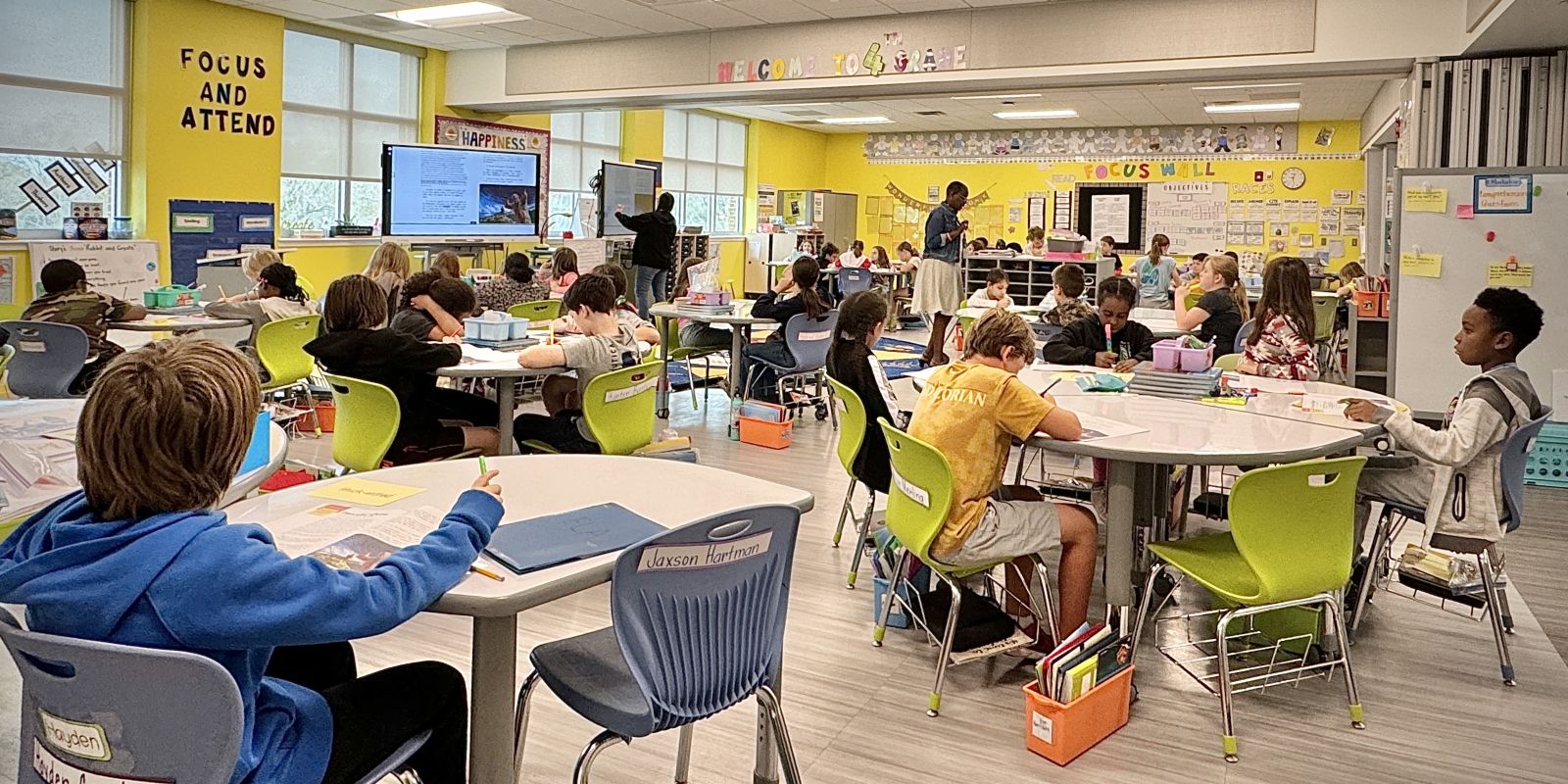 4th grade classes utilize the open classroom design of the Department of Defense Education Activity (DoDEA) Maxwell Air Force Base Elementary/Middle School’s 21st-century design.