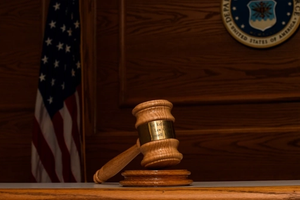 Gavel sits on a table.