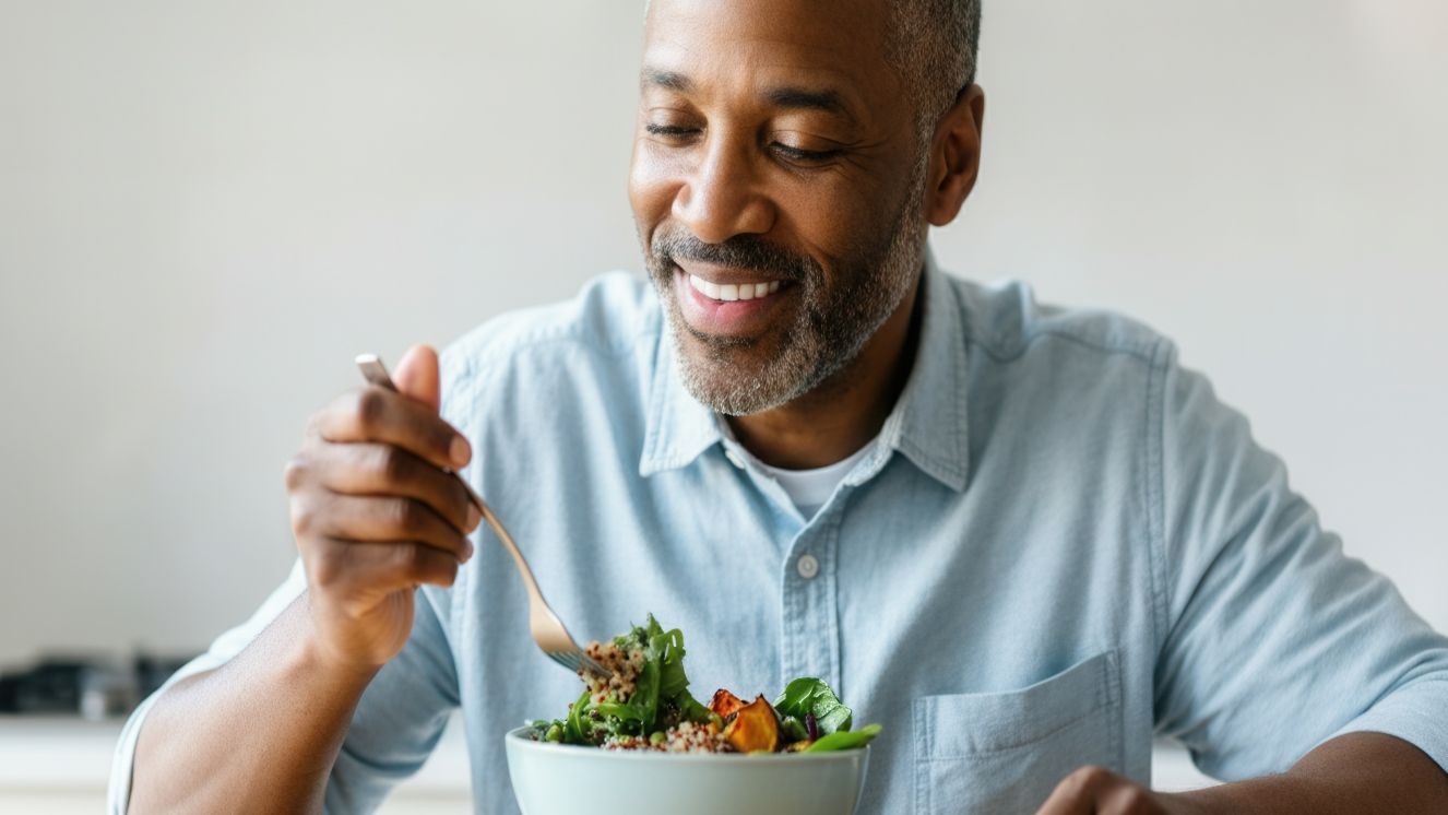 An older man eats a healthy salad, supporting veteran wellness.