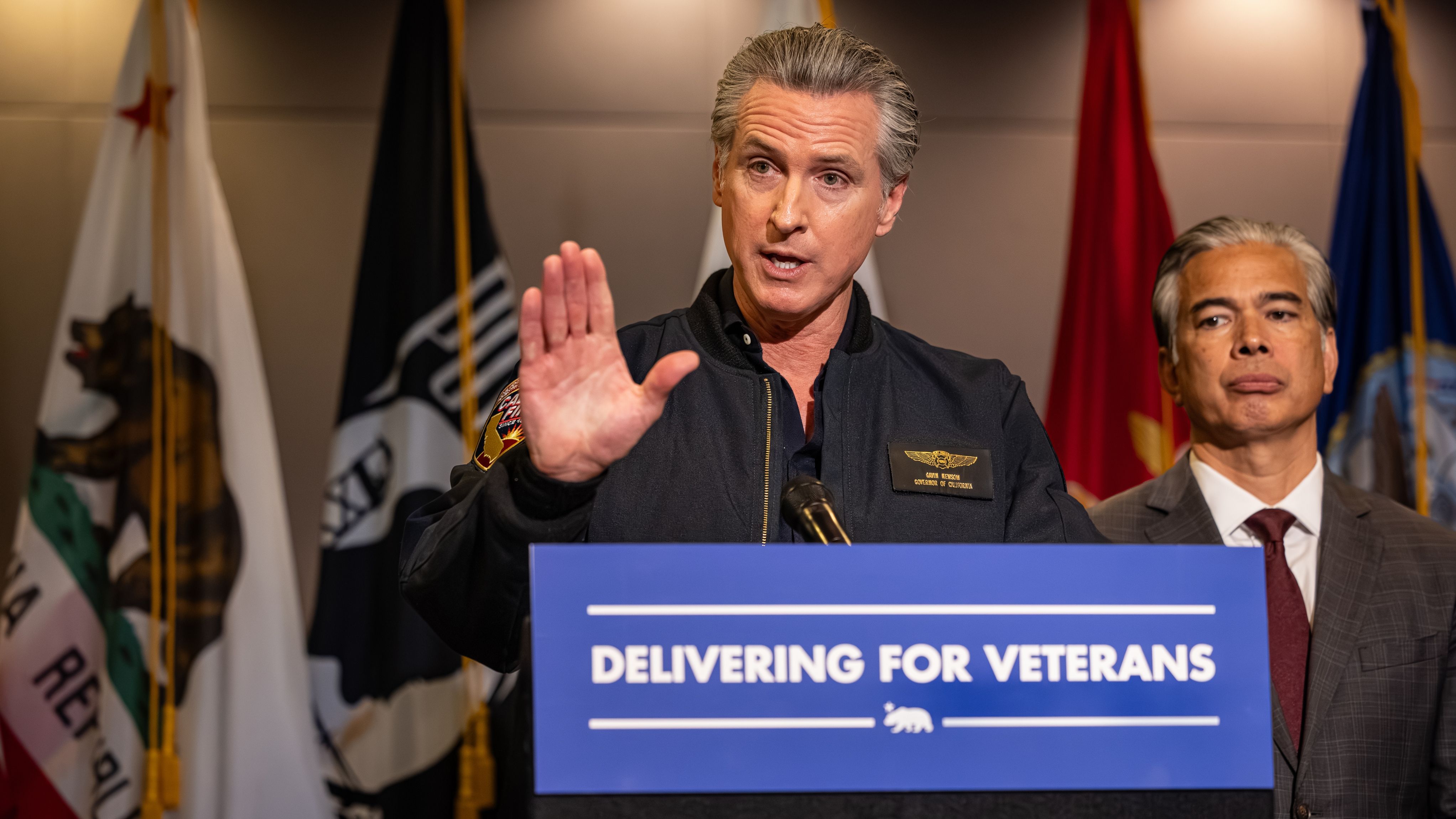 Gov. Gavin Newsom speaks to the media.