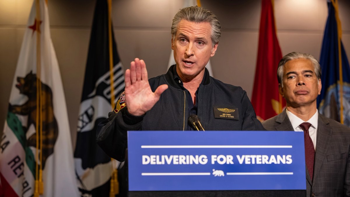 Gov. Gavin Newsom speaks to the media.