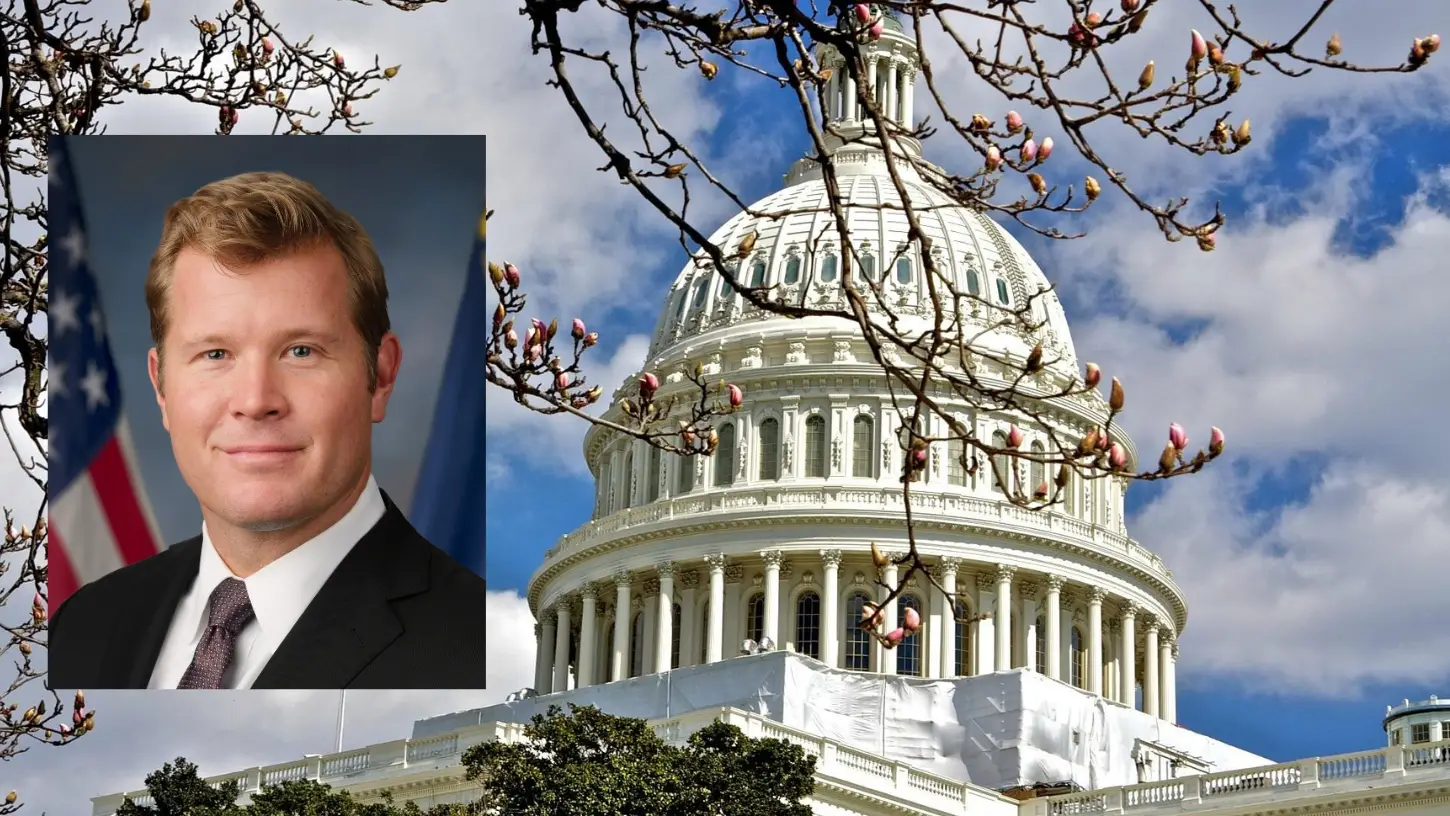 Collage of Capitol Bldg and Sen Tim Sheehy.