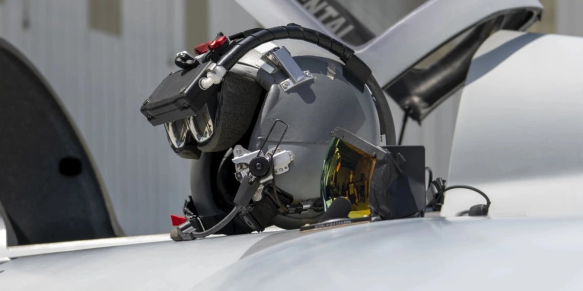 The augmented reality headset is displayed on the wing of a Berkut in Santa Monica, Calif., April 14, 2021. (U.S. Air Force photo by Senior Airman Mercedes Porter)