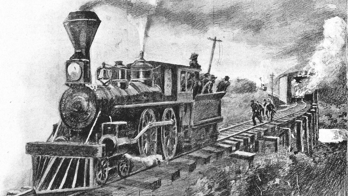 Civil War soldiers aboard a steam locomotive during the Great Locomotive Chase mission.