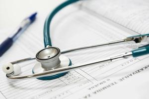 A stethoscope on a patient chart.