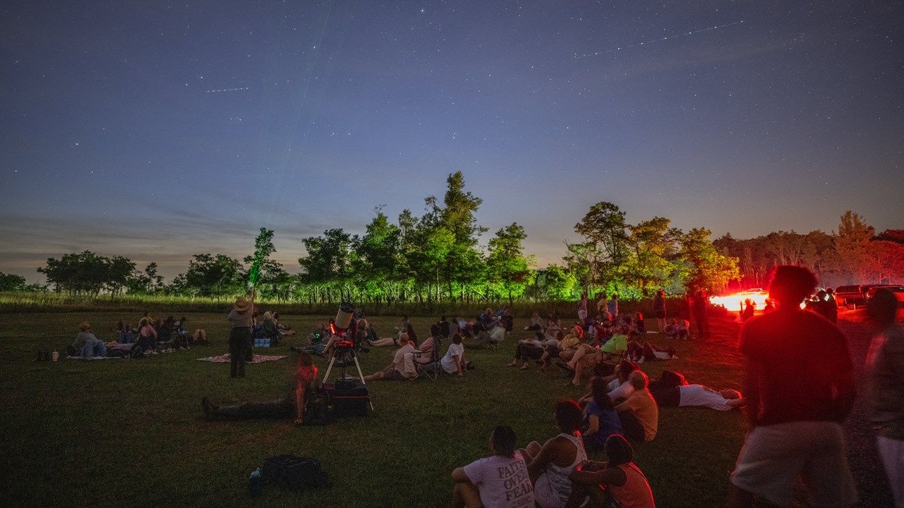 Starwatchers sit on the grass at a park watching shooting stars.