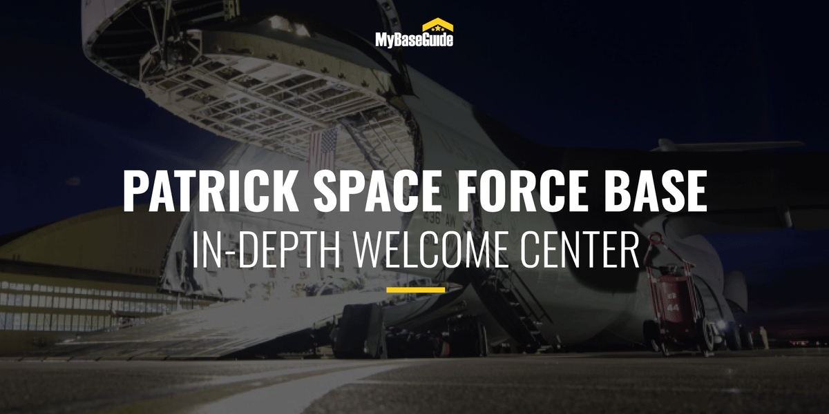 C-17 cargo plane with open hatch at Patrick Space Force Base during evening.