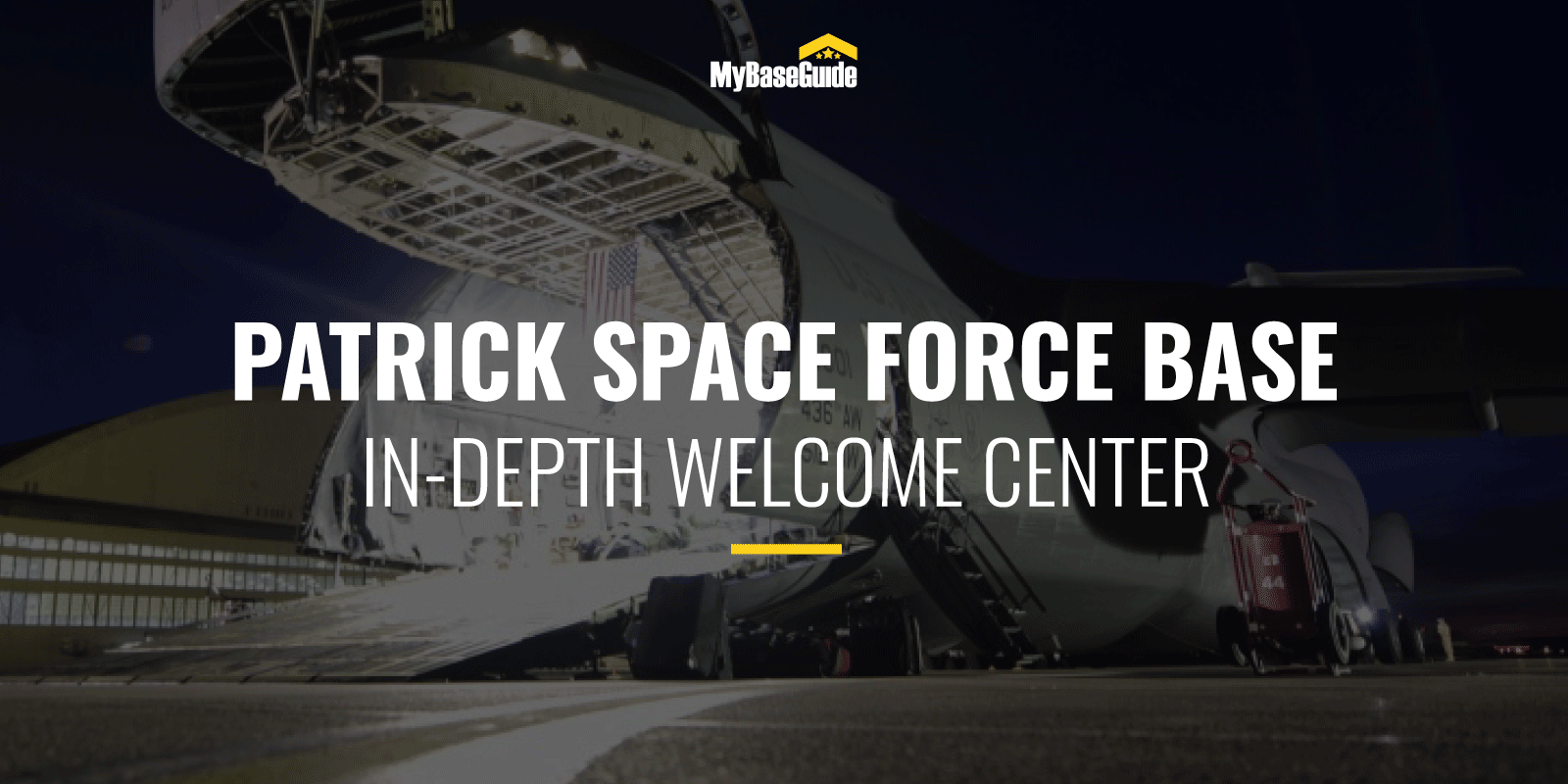 C-17 cargo plane with open hatch at Patrick Space Force Base during evening.
