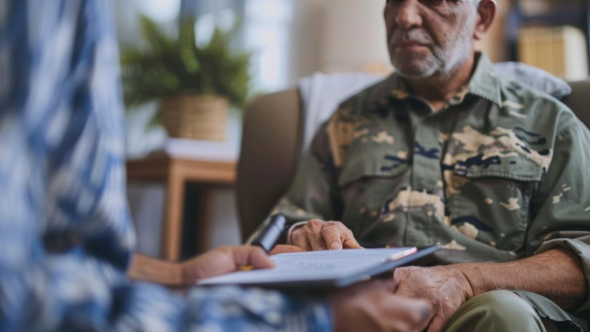 Veteran in camouflage listens to VA counselor discussing Project 2025 benefits changes.