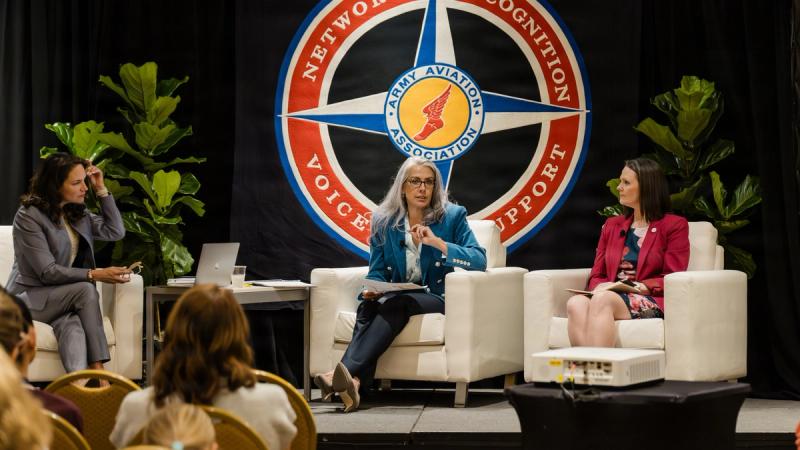 Dr. Fran Gill moderates an Army aviation spouse fireside chat with Christine Obadal and Mary Bier at the annual Army Aviation Association of America Summit in Nashville, Tenn., April 16, 2016.