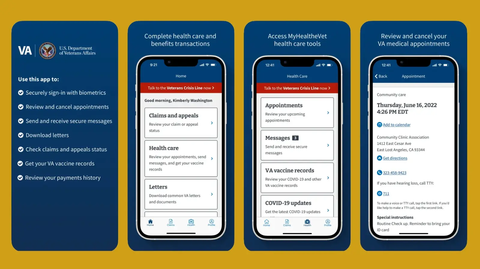 A display of screenshots of the new VA app.