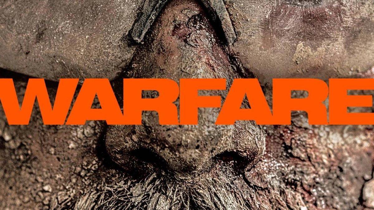 Close-up of a Navy SEAL's dirt-covered face with "Warfare" text overlay.