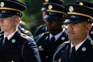 Soldiers in uniform during wreath ceremony.