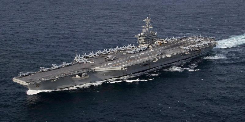 The U.S. Navy aircraft carrier USS Abraham Lincoln (CVN-72) underway in the Atlantic Ocean during a strait transit exercise on 30 January 2019. Abraham Lincoln, with assigned Carrier Air Wing 7 (CVW-7), was underway conducting a composite training unit exercise with Carrier Strike Group (CSG) 12.