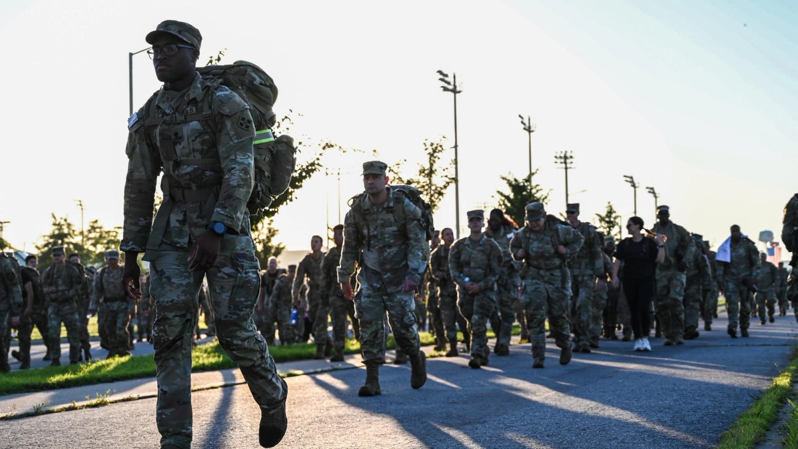 Soldiers march in a commemorative ruck for 9/11 remembrance.