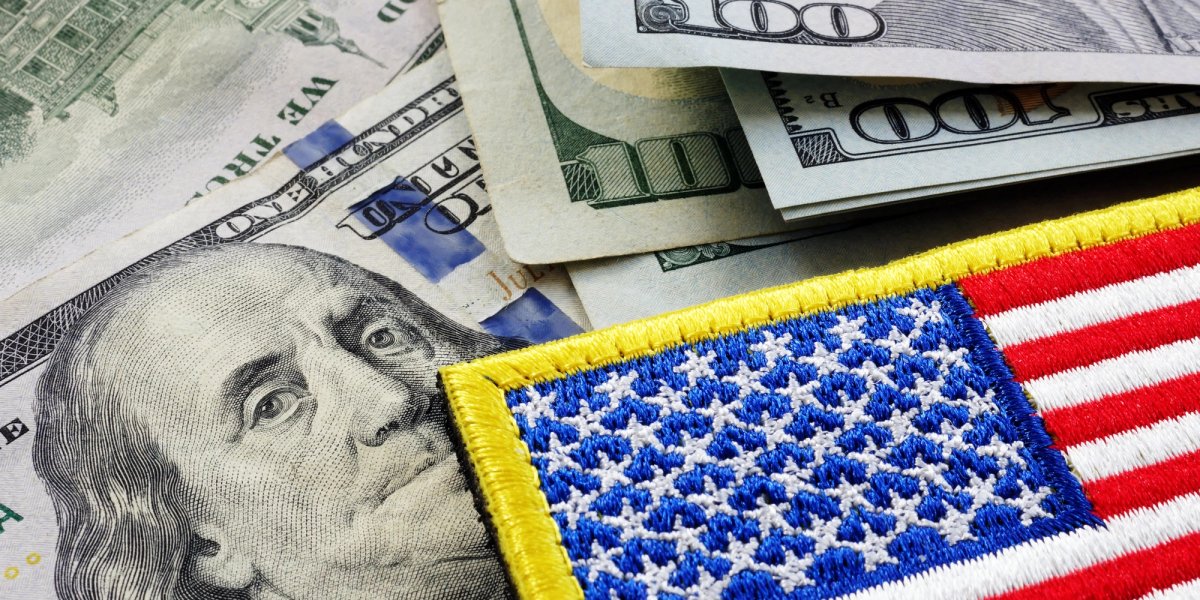 Illustration arrangement of cash, and American flag patch.