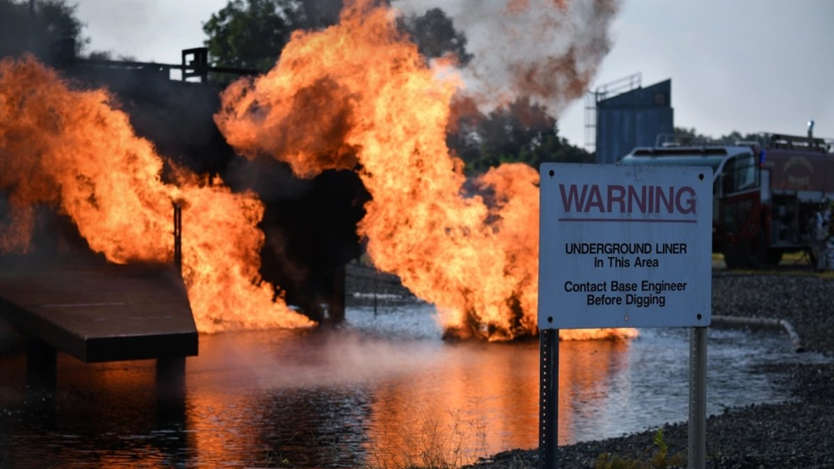 The burn pit is ignited and ready for Airmen to begin training at Barksdale Air Force Base, La., Sept. 14, 2017. The Airmen in the tower control the propane being released. (U.S. Air Force photo by Airman 1st Class Stuart Bright)