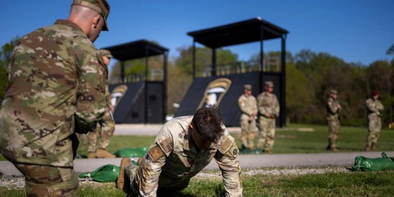 Spc. Dillon Lanning, assigned to the 82nd Airborne Division, does 30 dead-stop push-ups during the Ranger Physical Fitness Assessment as part of the XVIII Airborne Corps Best Squad Competition on April 15, 2025, at Fort Campbell, Ky.