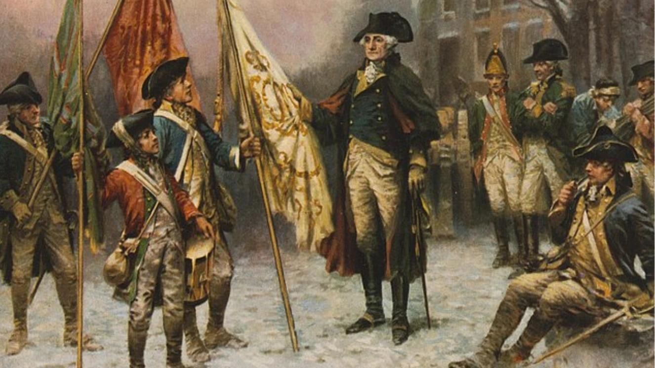 George Washington with Continental Army soldiers holding flags in snowy Battle of Trenton scene